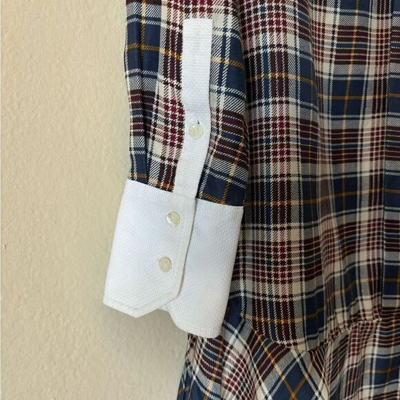 Tory Burch Cora Milano Tartan Silk Mini Brown Blue Shirt Dress Plaid Size 0 - Picture 14 of 15